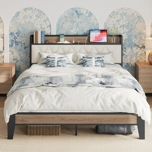 Queen Bed Frame, Storage Headboard with Charging Station, Platform Bed Frame with Strong Metal Support, Sturdy and Stable, Noise Free, No Box Spring Needed, Easy Assembly