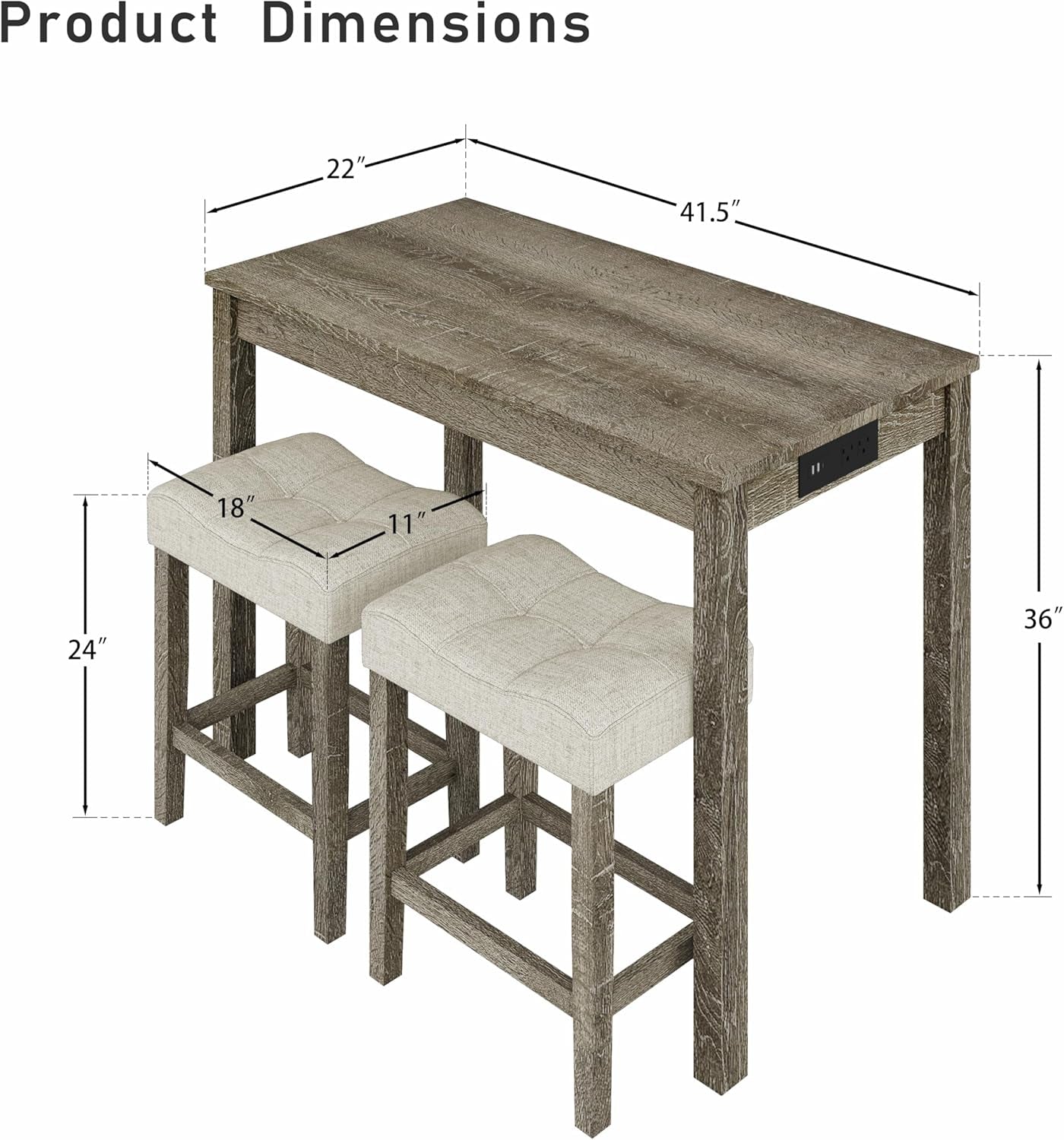 3-Piece Counter Height Bar Table Set with Socket and 2 Fabric Padded Bar Stools, Tall Kitchen Breakfast Dining Table Set with Stools (1+2 Natural)