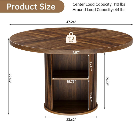 47 Inch round Dining Table for 4, Farmhouse Kitchen Table with 2-Layer Storage Shelf and Wood Slide Door Modern Dinner Table or Home Dining Room Living Room (Walnut)