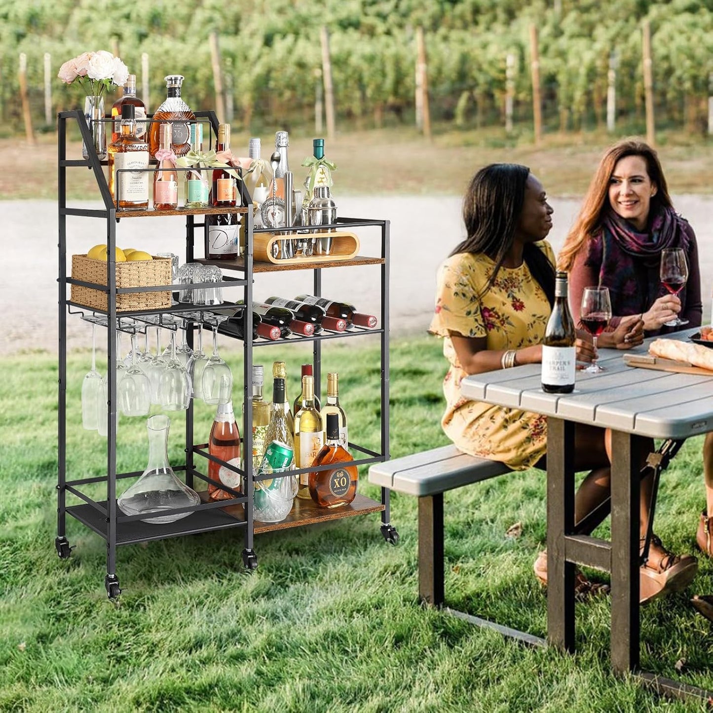 Rolling Bar Cart with Wine Glass Holder, Mini Bar for Whiskey Wine, Liquor Cart for Home, Alcohol Cabinet for Kitchen, Dining Room