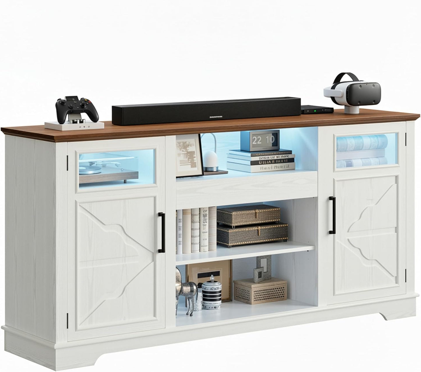 65.8" Farmhouse TV Stand for 60/65/70 Inch Tvs, Tall Entertainment Center with LED Lights & Power Outlet, Media Console with Storage Cabinets & Adjustable Shelves for Living Room, White