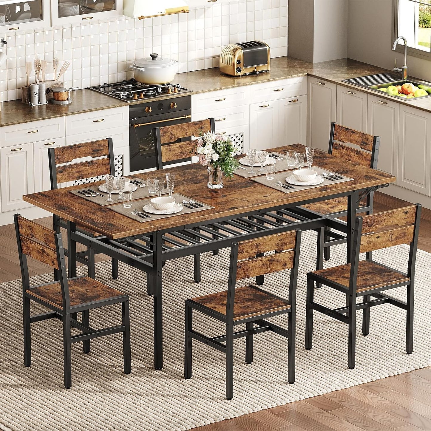 7-Piece Dining Table Set for 4-6, 63" Extendable Kitchen Table and 6 Chairs, Rectangle Dining Room Table Set for 6 with Wine Rack for Small Saving Space, Rustic Brown and Black