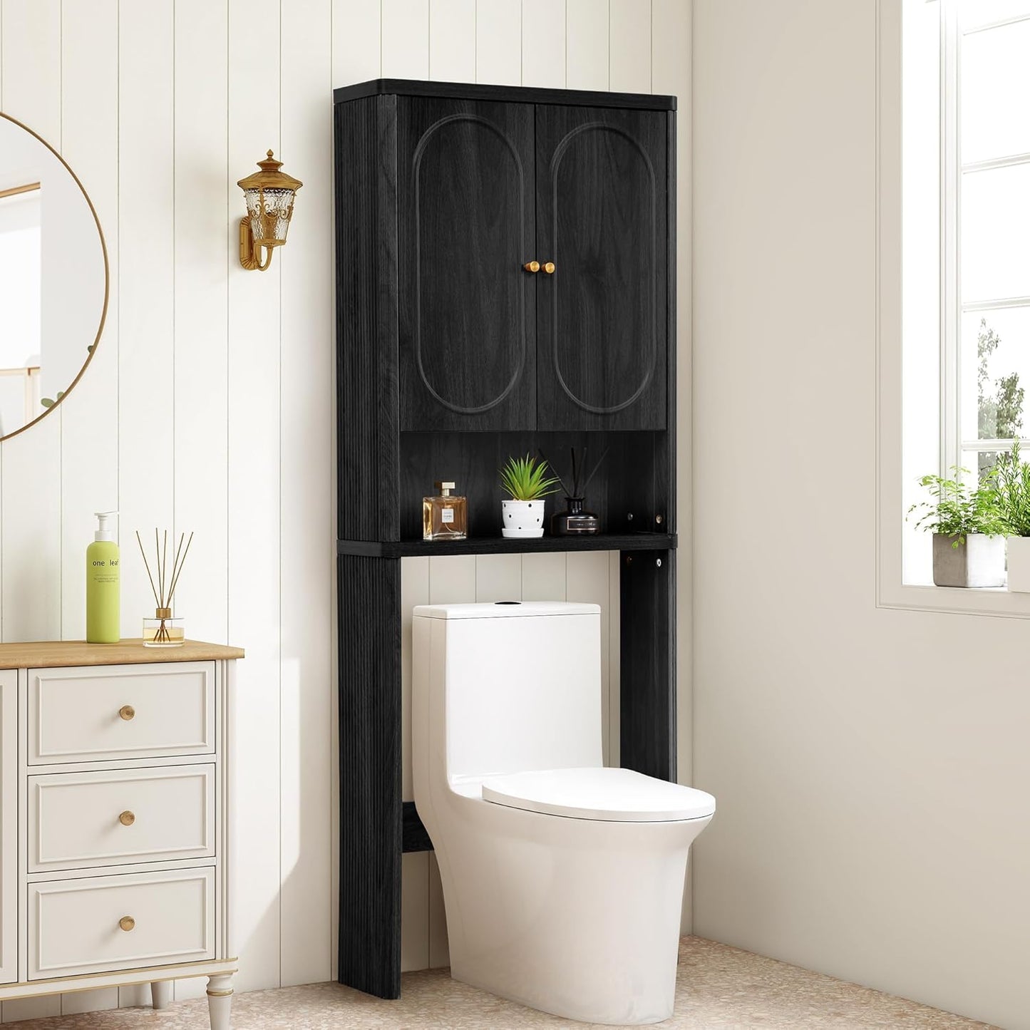 Fluted over the Toilet Storage Cabinet, Bathroom Toilet Storage Cabinet with Door, Wood Curved over the Toilet Space Saver Cabinets for Restroom Bathroom, Black