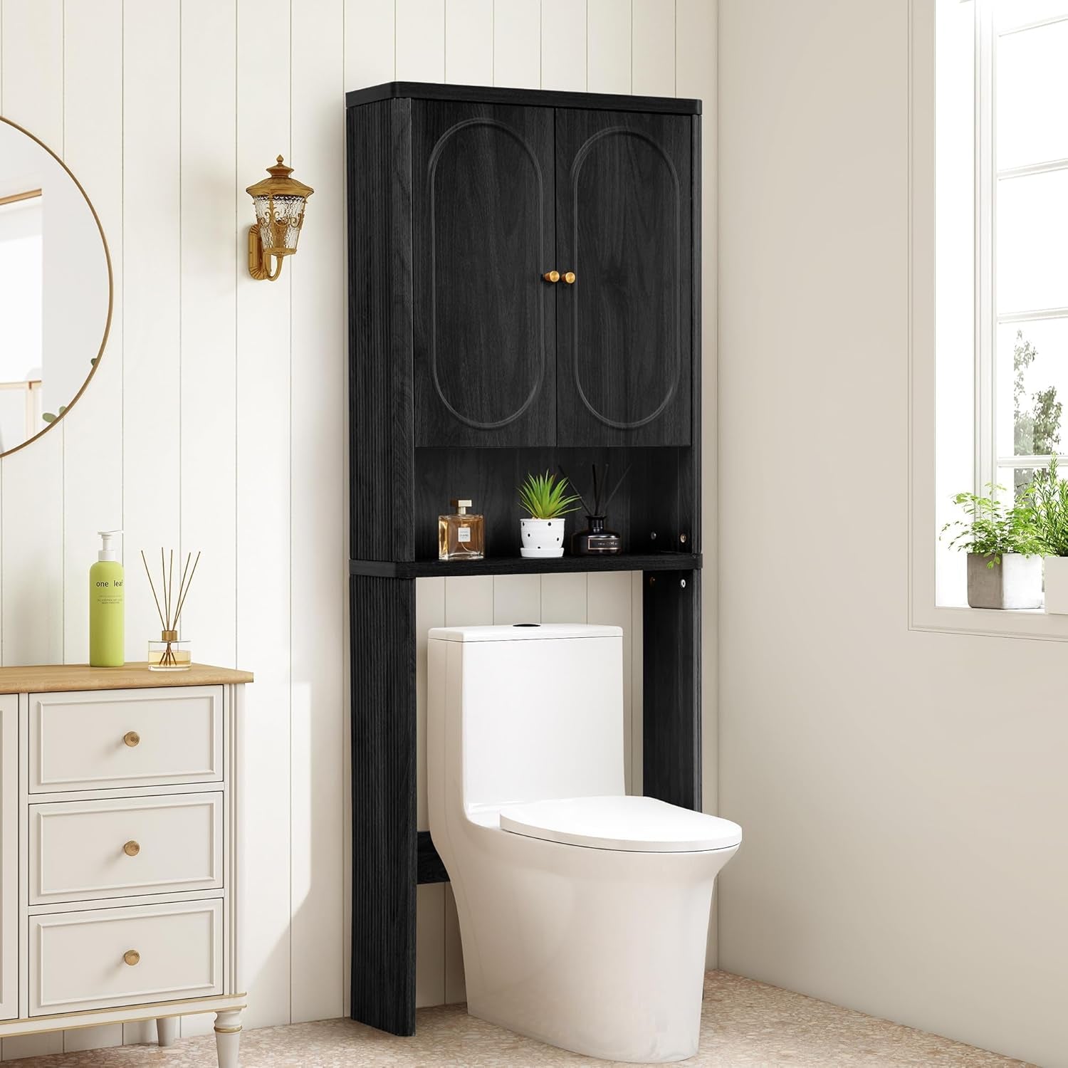 Fluted over the Toilet Storage Cabinet, Bathroom Toilet Storage Cabinet with Door, Wood Curved over the Toilet Space Saver Cabinets for Restroom Bathroom, Black