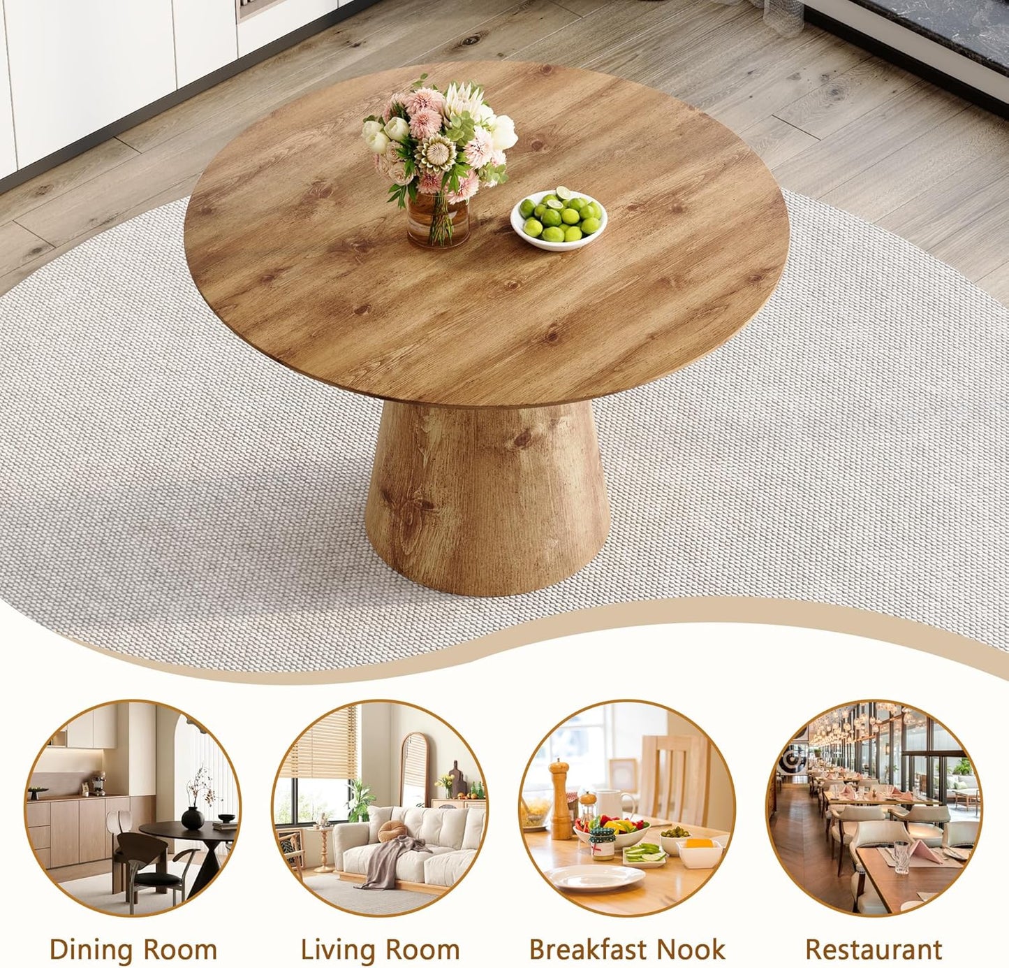 Round Dining Table 45'',Wood Dining Room Table for 4-6,Round Pedestal Dining Table with Stable Base,Circle Wood Texture Kitchen Table for Dining Room Easy Assembly