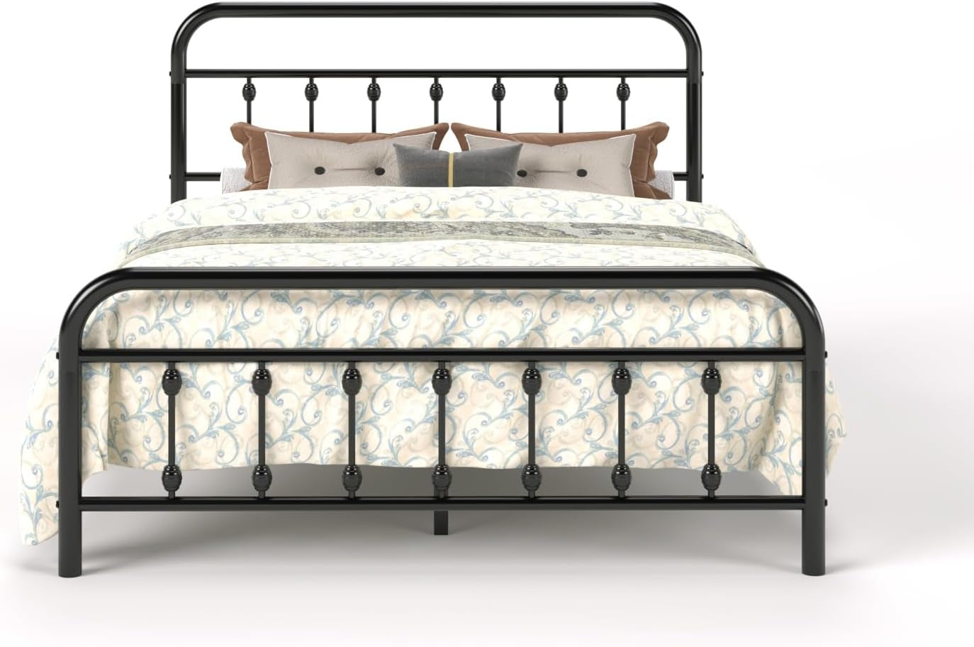 Queen Size Metal Platform Bed Frame with Victorian Style Iron-Art Headboard and Footboard, Easy Assembly, under Bed Storage, No Box Spring Required, Black
