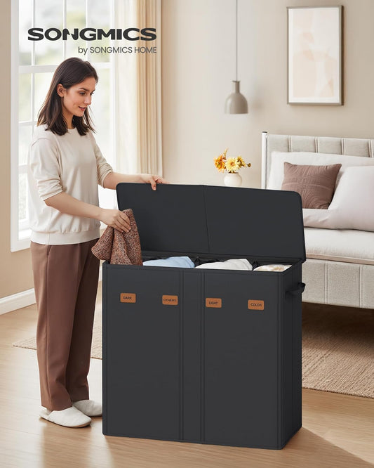 55.4 Gallon (210 L) Laundry Hamper, 4-Compartment Laundry Basket Sorter with Lid, Labels, Removable Liner Bags, for Bedroom, Ink Black URLH014B01