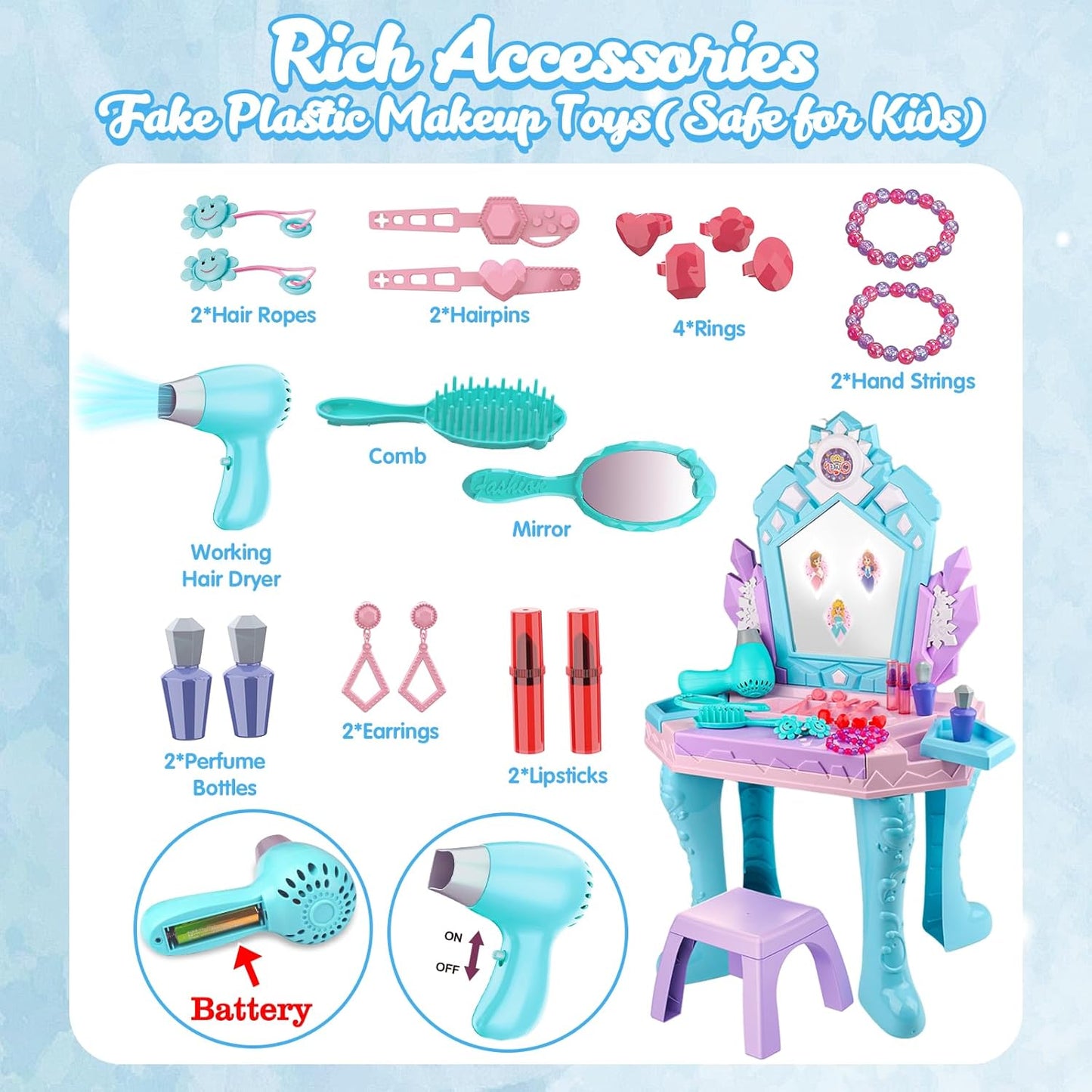 Toddler Vanity Magic Makeup Table and Chair Set Girl Toys Mirror with Music Light Frozen Toys for 1 2 3 4 Year Old Girls Hair Salon Pretend Play Princess Dress up Playset Gifts Kids Toddler 1-3