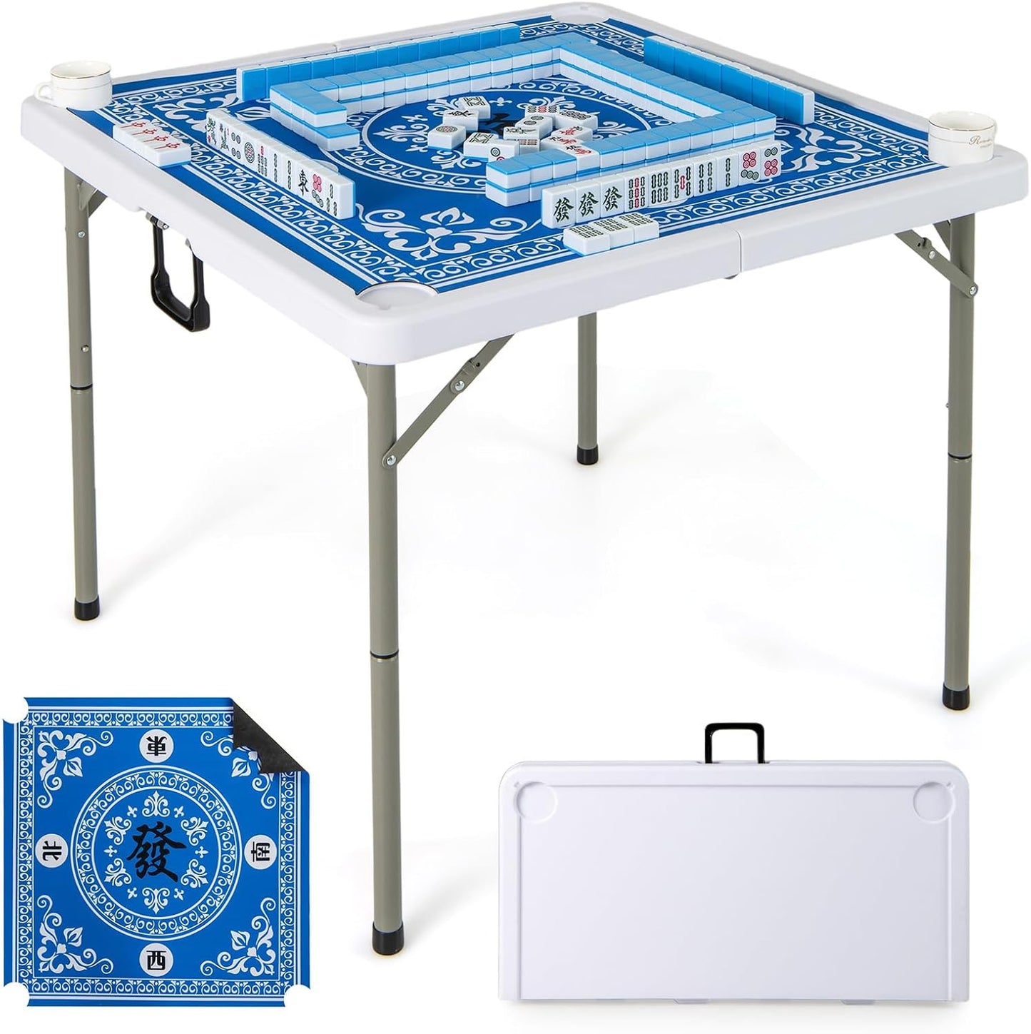 Folding Mahjong Table, 35" Square Card Table with Cup Holders, Removable Noise Reduction Mat, HDPE Tabletop, 4-Player Portable Domino Tables for Poker Blackjack Board Game (Blue)