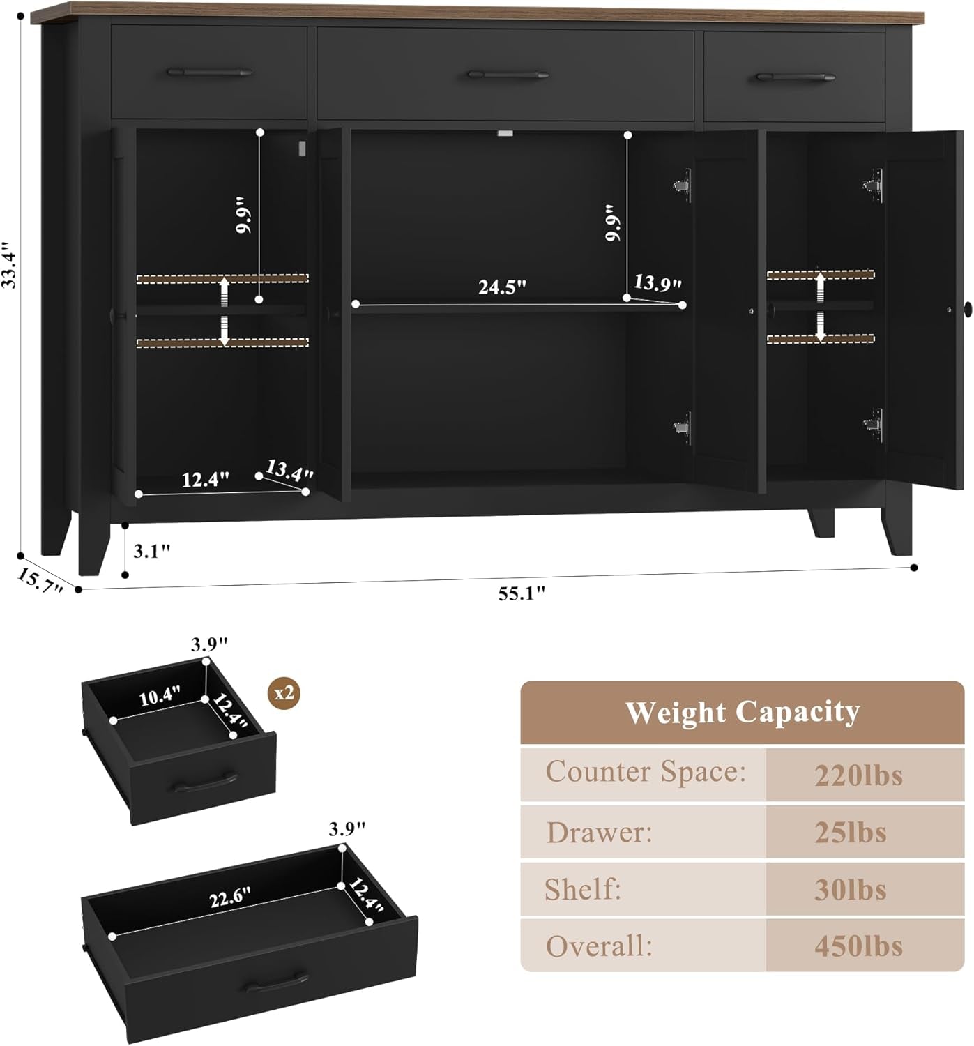55" Buffet Cabinet, Modern Farmhouse Sideboard Buffet with Drawers, Large Kitchen Storage Cabinet with Adjustable Shelves, Wood Coffee Bar for Kitchen, Dining Room, Living Room, White