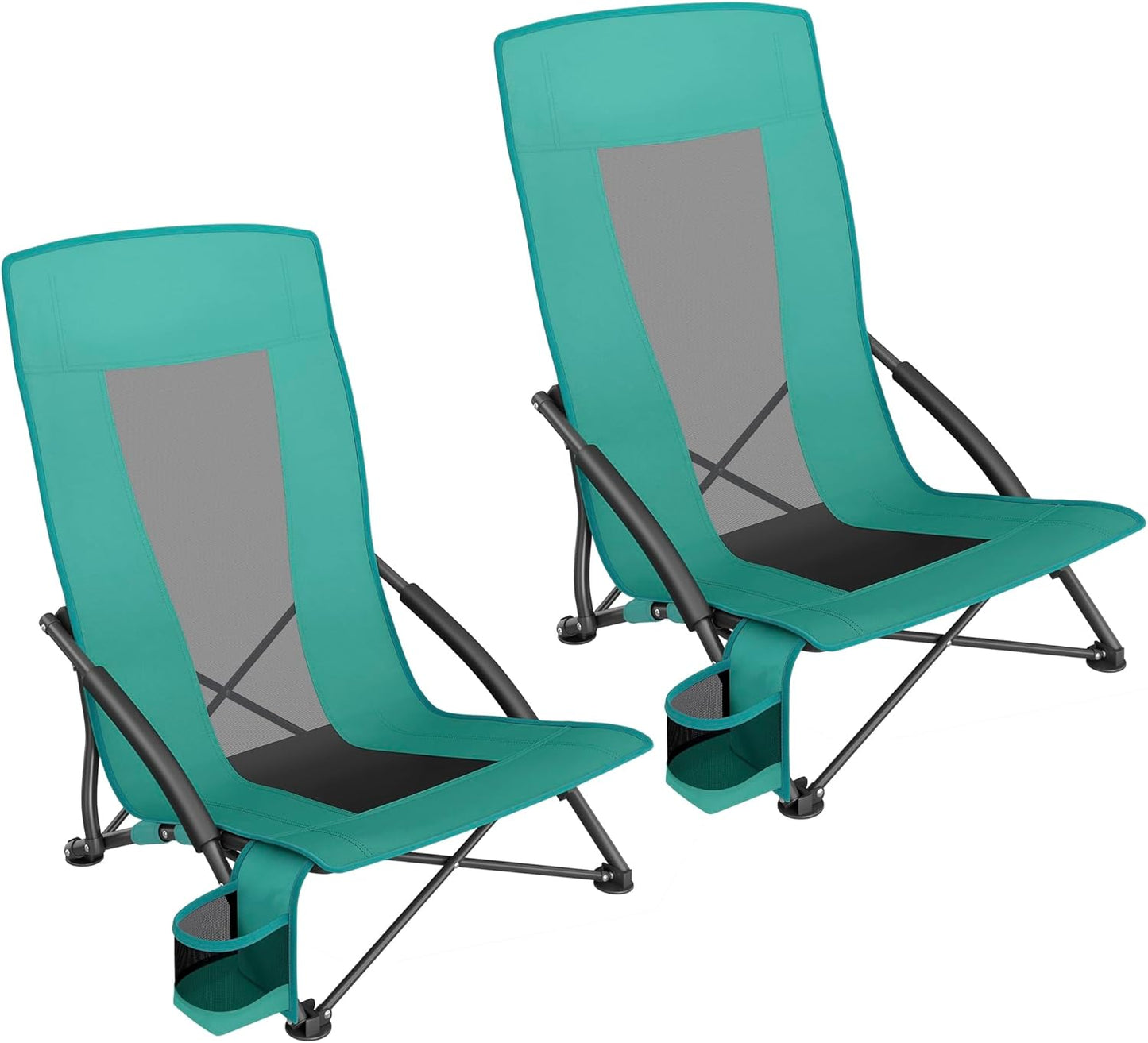 Set of 2 Portable Beach Chairs for Adults, Max. Load 330 Lb Each, High Backrest, Cup Holder, Lightweight, Heavy-Duty, Light Blue UGCB067Q01V1