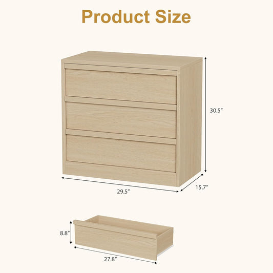 3 Drawer Dresser for Bedroom, Natural Oak Nightstand 3 Chest of Drawers with Large Storage, Small Modern Bedside End Table for Living Room, Nursery, Entryway