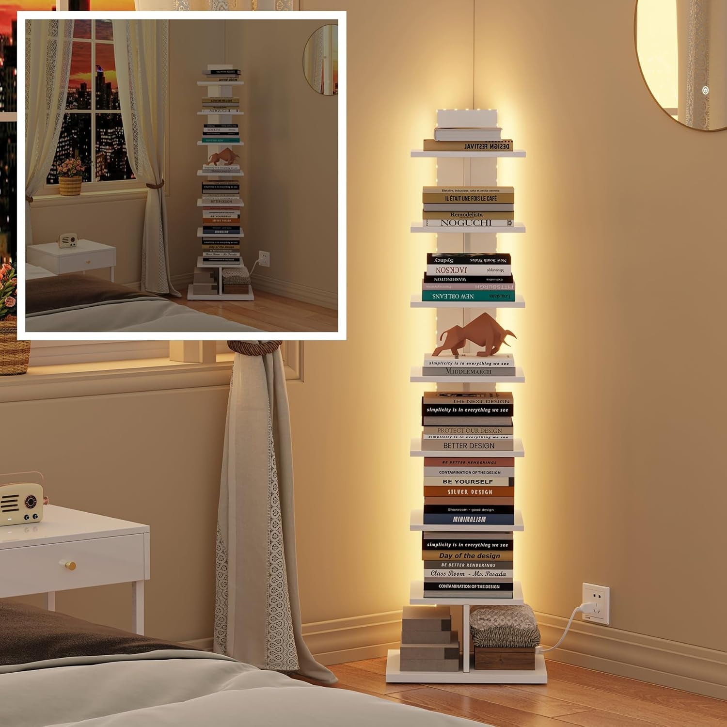 Narrow Bookshelf, 8-Tier Bookcase with LED Lights, Spine Book Shelf for Small Space, Corner Standing Shelf for Living Room, Office, Study, Entryway, White BS06BW008L