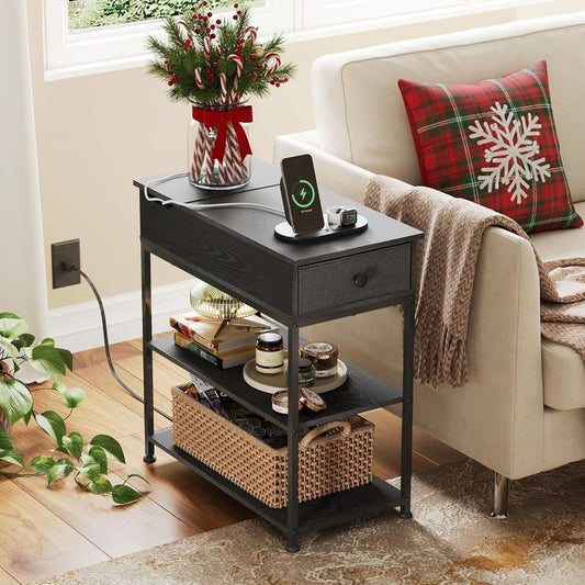 Narrow Side Table with 2 USB Ports and 2 Outlets, Flip Top Black End Table with Drawer and Storage Shelves, Small Nightstand with Charging Station for Living Room/Bedroom