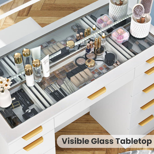 Glass Top Vanity Desk with Mirror and Lights, 11 Drawers Makeup Vanity with Charging Station and Chair, Golden Handles Dressing Table, 3 Lighting Modes Makeup Table, White