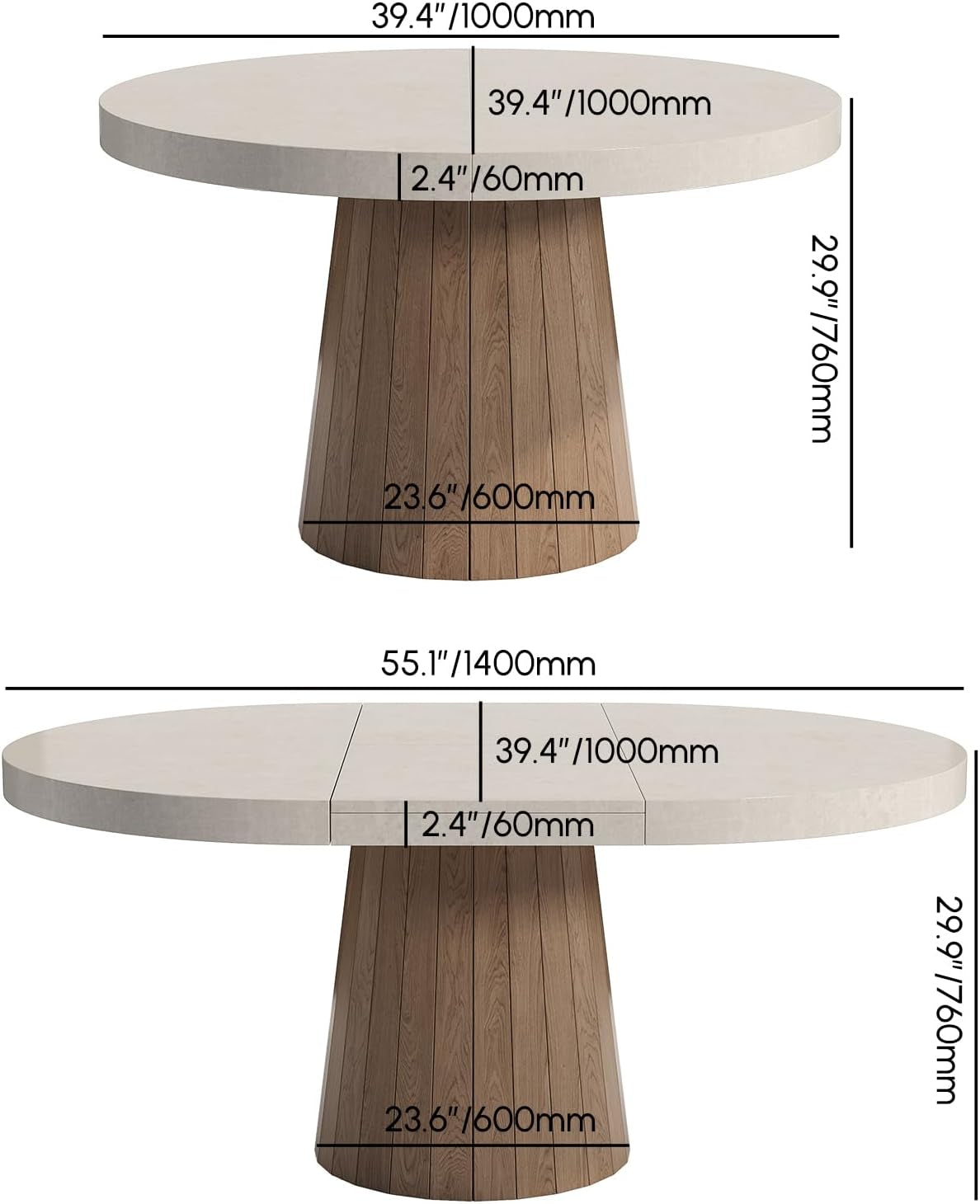 round Extendable Dining Table with Pedestal Base, 39"-55" Expandable Dining Room Table Oval Kitchen Dinette Table for 4-6 (Gray & Walnut)