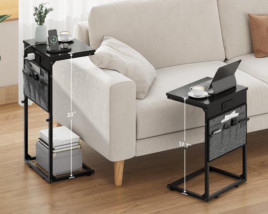 C Shaped End Table with Charging Station, Adjustable Height Side Table for Couch, Small Sofa Table Laptop Couch Desk, Slide under Sofa TV Tray Tall Arm C Tables for Living Room Bedroom, Black