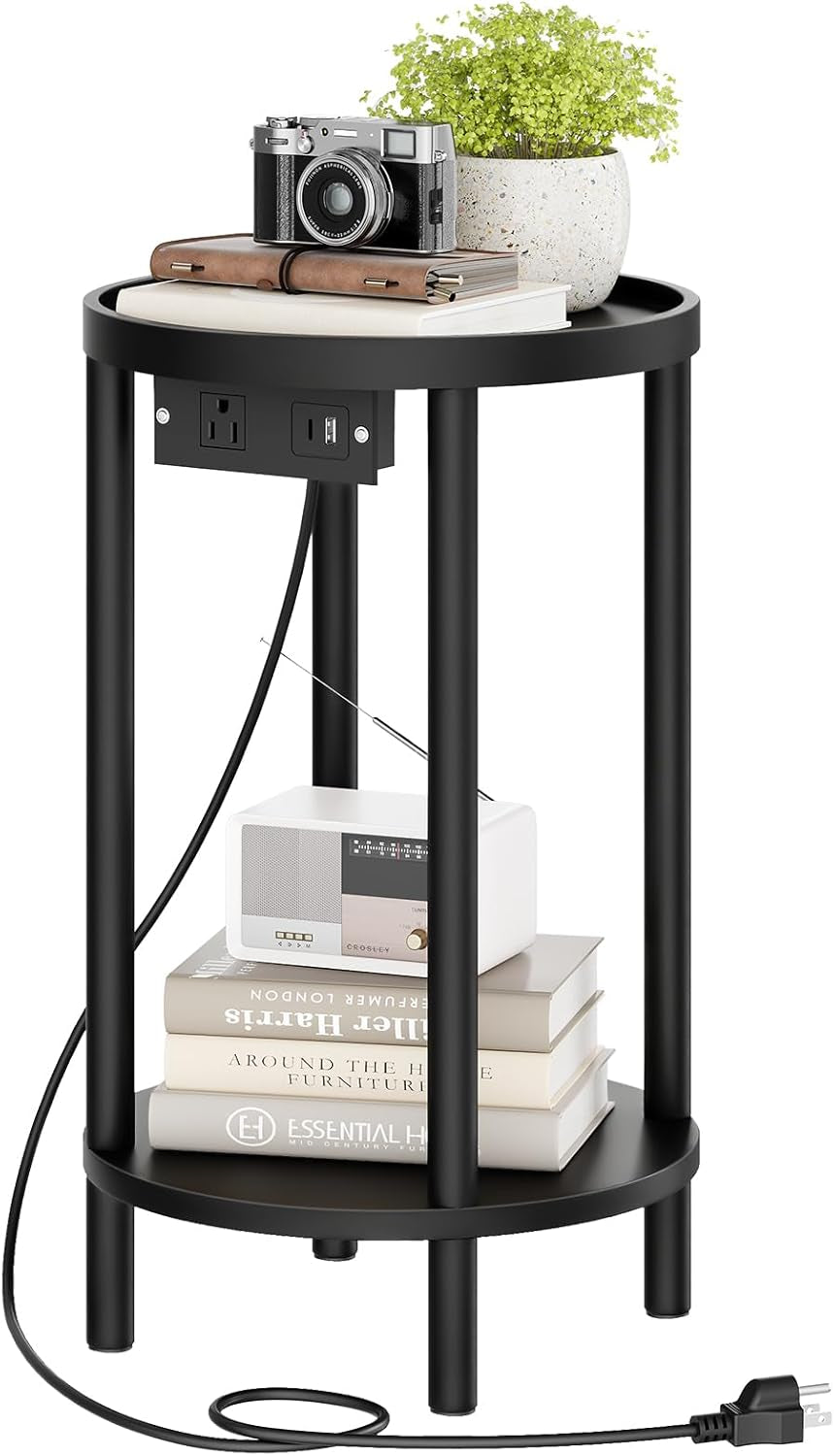 Small round Side Table with Charging Station, 2-Tier round Bamboo End Table, Compact Sofa Bedside Table for Small Space, Easy Assembly, for Living Room, Bedroom, Apartment, Black BB156UBZ01