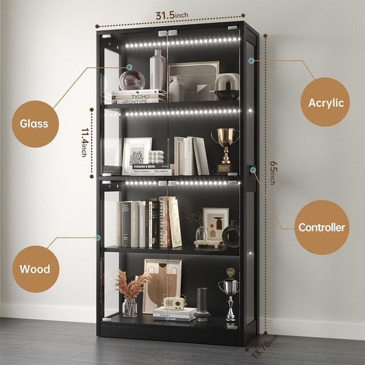Display Cabinet with Glass Doors 4-Tier, 7 Vibrant Colors 3 Dynamic Lighting Modes, HD Glass Storage Cabinet with Human Body Sensor for Curio, Trophy, Collectibles (Black)