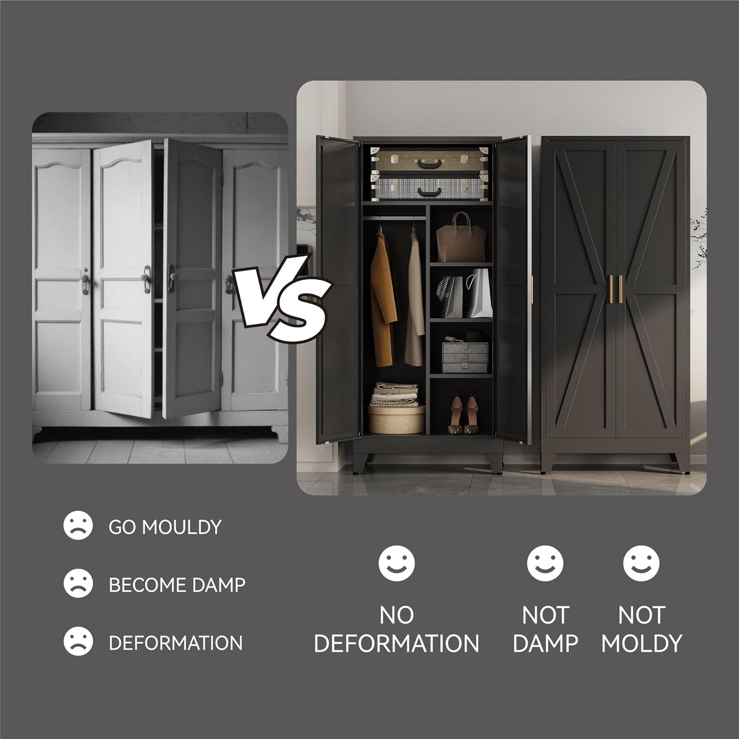 Metal Armoire Wardrobe Closet with Hanging Rod,71'' Metal Wardrobe Cabinet with 2 Doors and 4 Adjustable Shelves, Bedroom Armoires,Laundry Room Cabinets,Armario De Ropa Closet