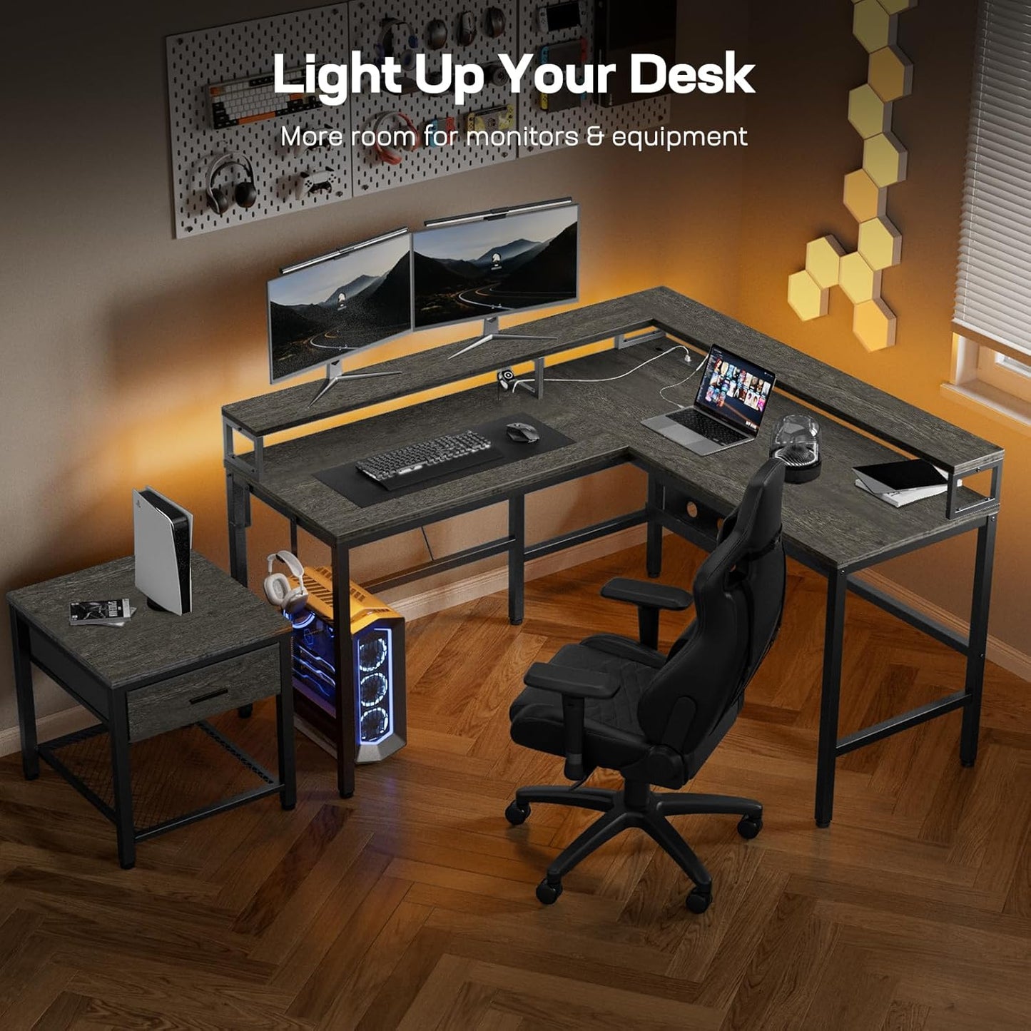 L Shaped Gaming Desk with Monitor Riser & Printer Stand, Home Office Corner Desk with Power Outlets & LED Light, Ergonomic Gaming Desk with Cable Management Tray, Hooks, Rustic Brown