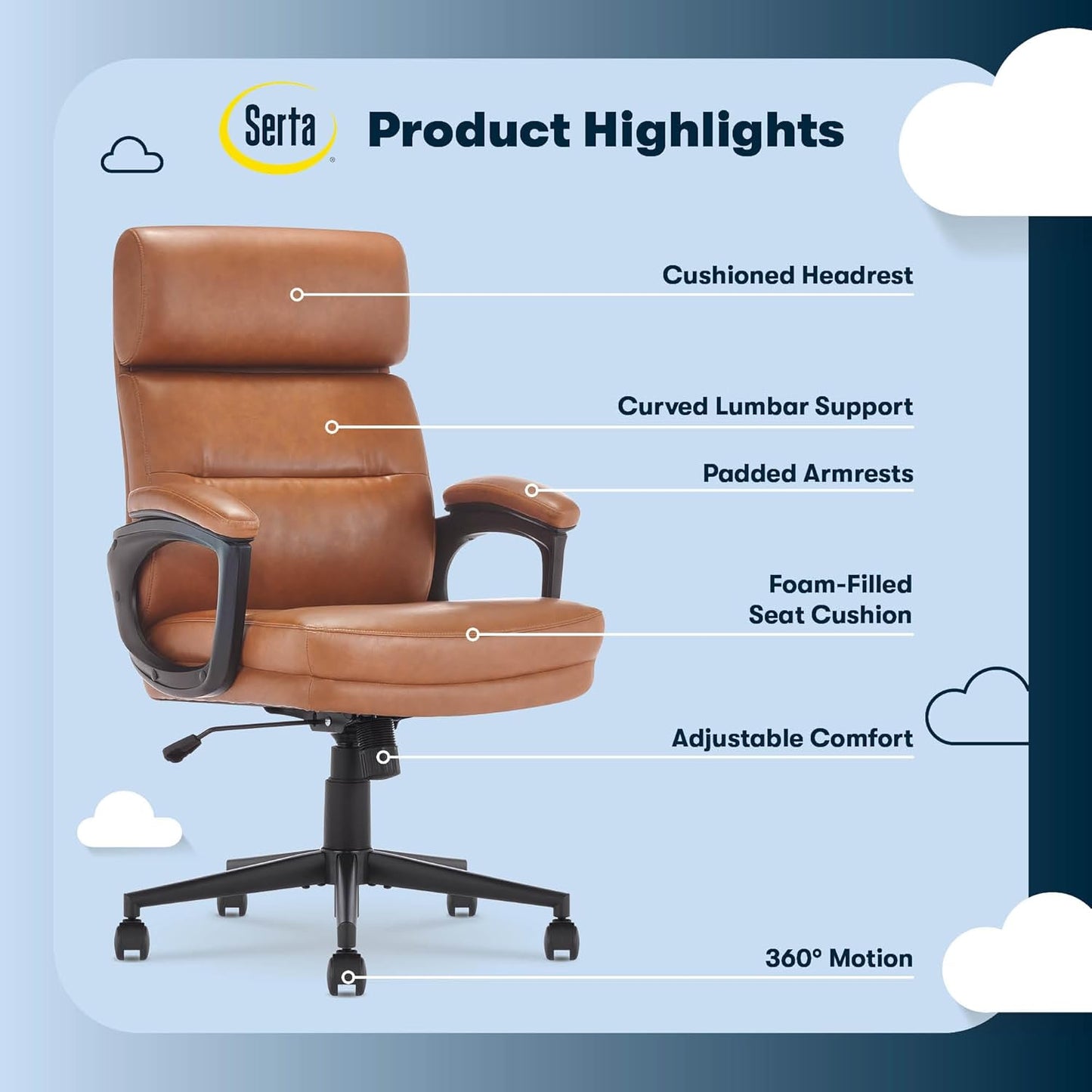 Comfort Executive Mid-Back Officechair, Semi Plush Cushion Seat, Padded Armrests, quality Foam, Metal Swivel Base, Ergonomic Computer Deskchair for Home or Office, Bonded Leather, Cognac