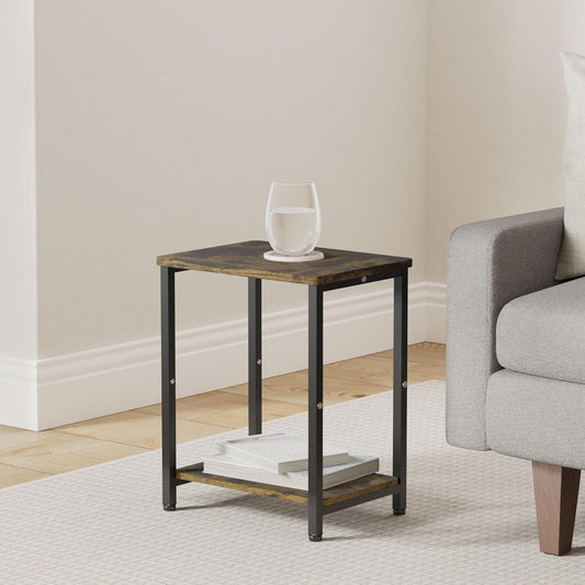 2 Tier Side Table, Heavy Duty End Table with Shelves, Narrow Nightstand Table for Small Spaces, Record Player Table for Bedroom, Living Room, Sofa Couch - Rustic Brown & Black
