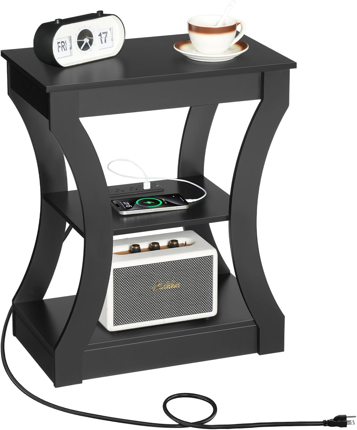Black End Table with Charging Station, Skinny Side Table with USB Ports and Outlets, Nightstand, 3 Tier Bedside Table with Storage Shelf for Living Room, Bedroom, Small Space ETBK53E01