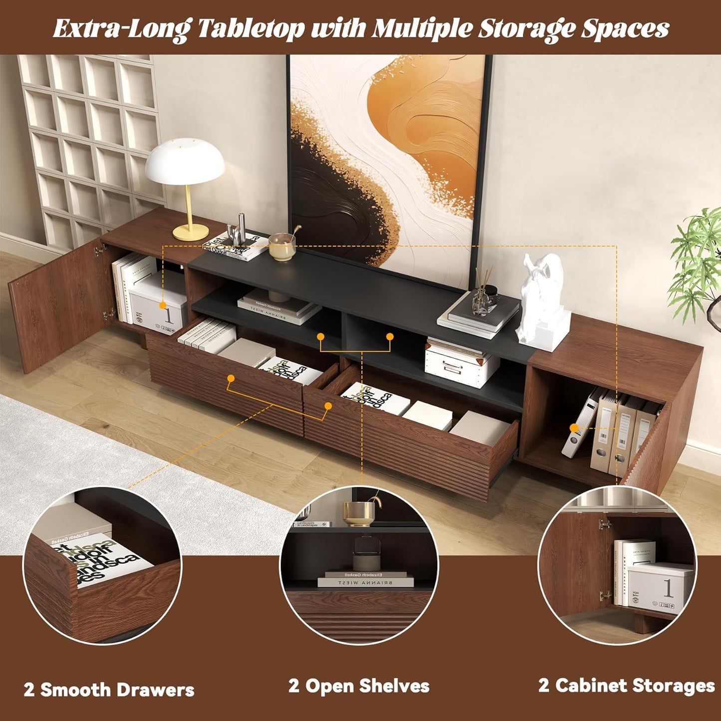 78.8 Inch TV Stand with Storage Cabinets for Living Room, Tvs Media Console Entertainment Center with Drawers, Wood Fluted Television Stands with Open Shelves for Bedroom, Dark Brown Walnut