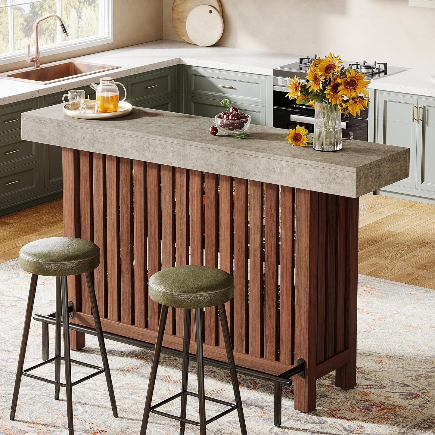 63-Inch Large Home Bar Unit, 2-Tier Kitchen Island Mini Bar Height Pub Table with Footrest, Modern Coffee Bar Cabinet for Dining Room, Bistro, Living Room