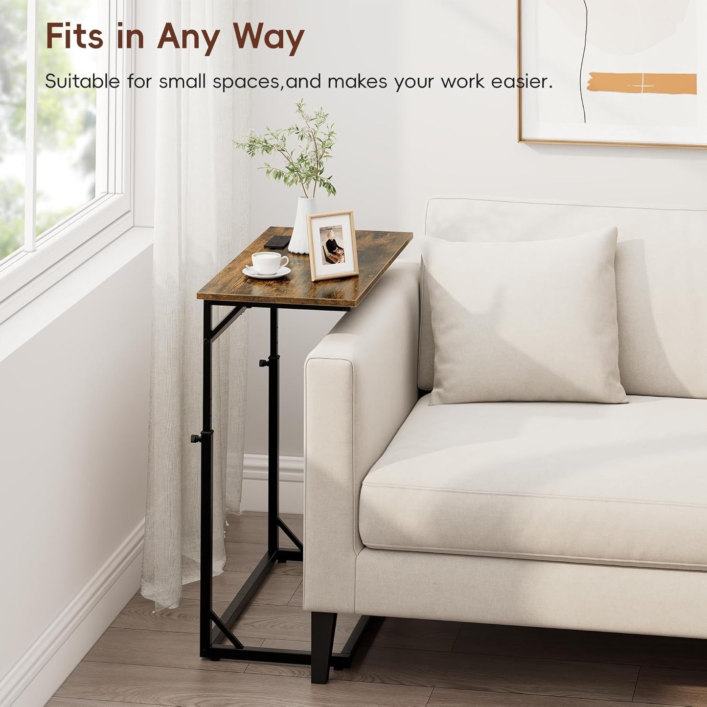 C Shaped End Table with Charging Station, Large C-Table End Table Adjustable Height Side Table for Couch, Couch Table Slide under Sofa Table TV Tray Table for Sofa, Living Room, Bedroom,Brown