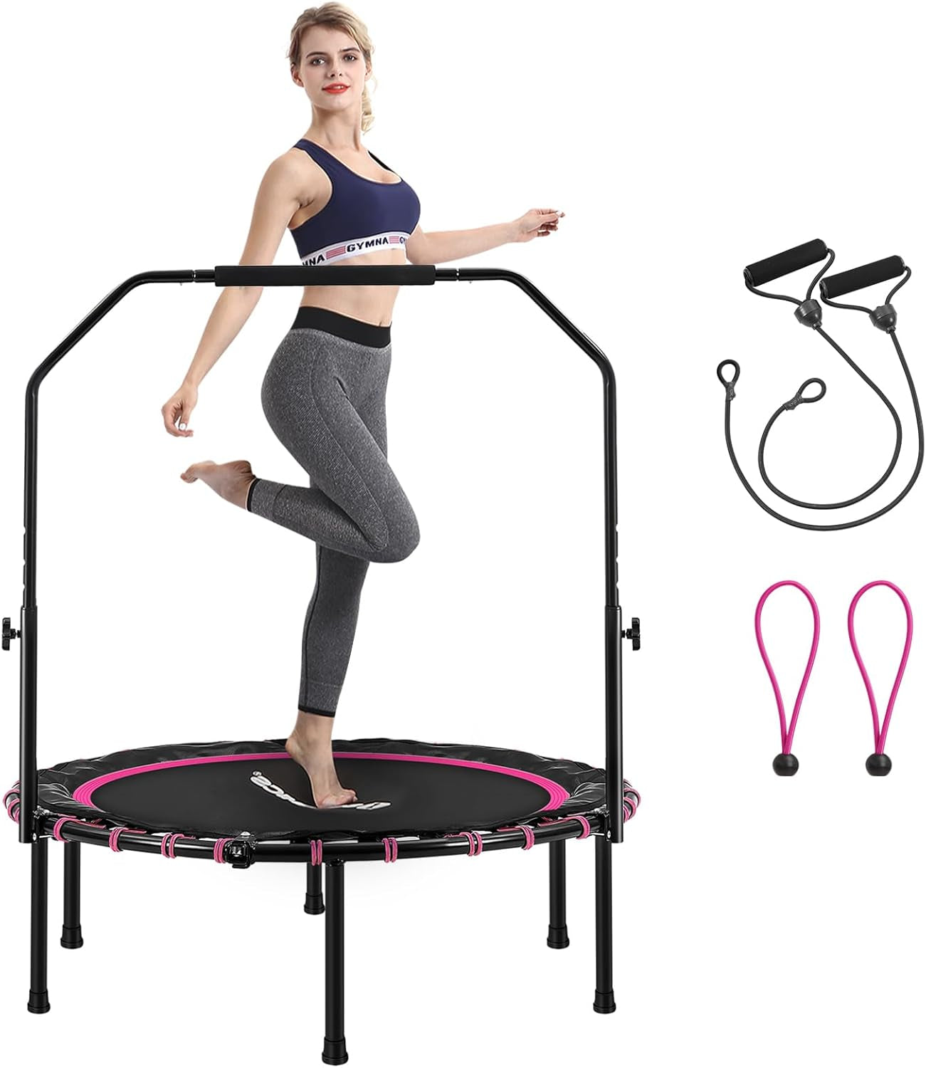 40 Inches Mini Fitness Trampoline, Fitness Rebounder with Adjustable Handrail, Foldable Trampoline for At-Home Workout, Max. Load 264.6 Lb