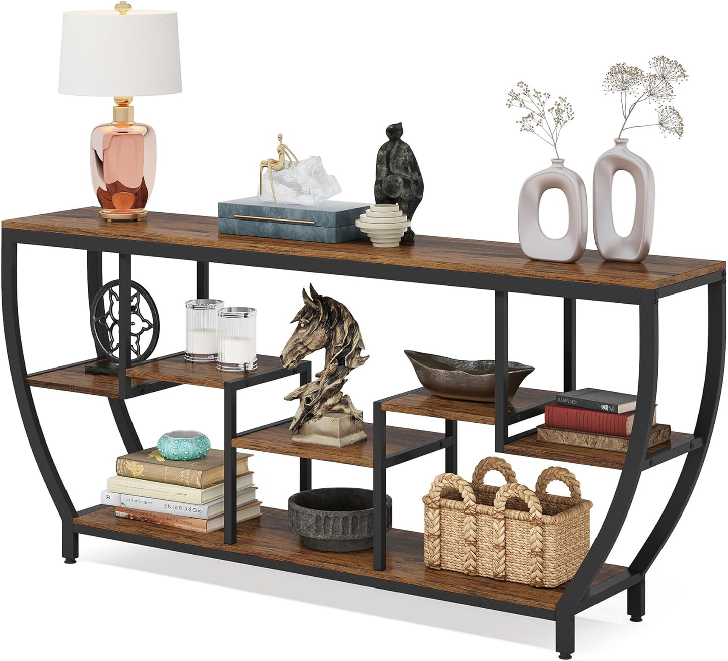 Rustic industrial long console table with storage shelves, view 8