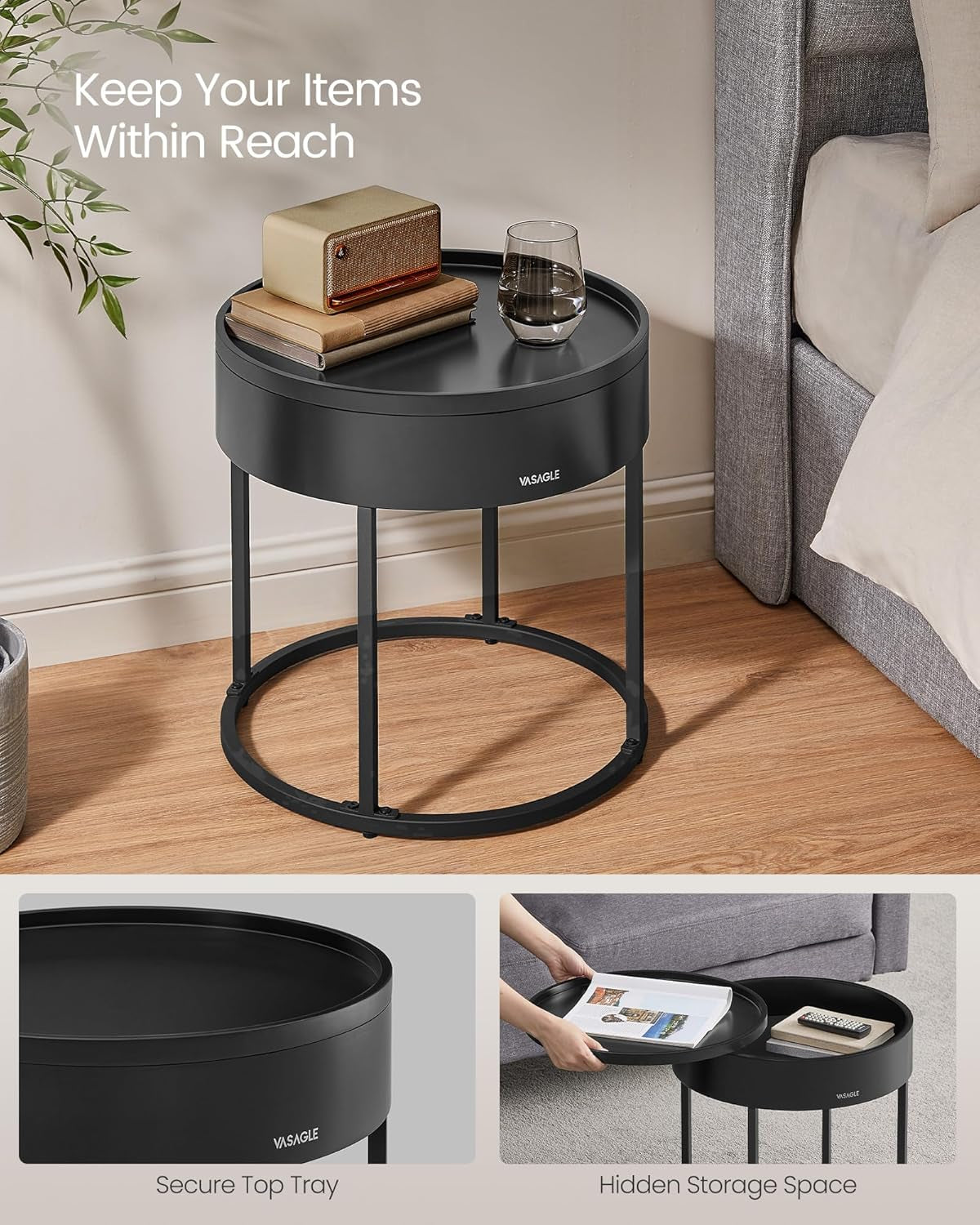 round Coffee Tables, Set of 2 Nesting Tables, Modern round Side Tables with Hidden Storage and Top Tray, for Living Room, Bedroom, Office, Ebony Black and Ink Black ULCT044B56
