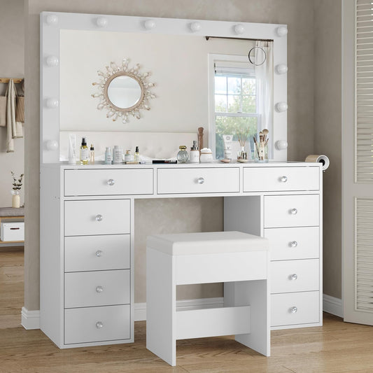 Vanity Desk & Power Outl, Makeup Vanity with Mirror and 12 LED Lights, Makeup Table with 11 Drawers, Vanity Table with Chair,Set 3 Lighting Modes Brightness Adjustable-(White)
