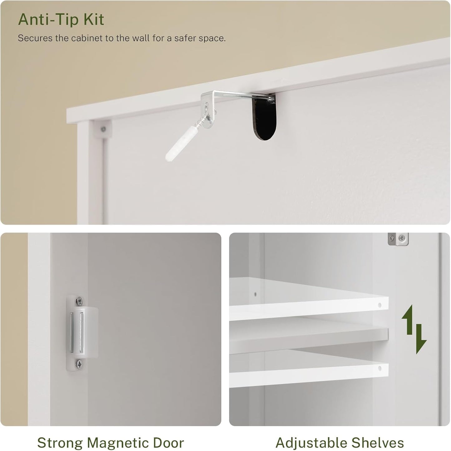White tall bathroom storage cabinet with adjustable shelves and drawer, view 9