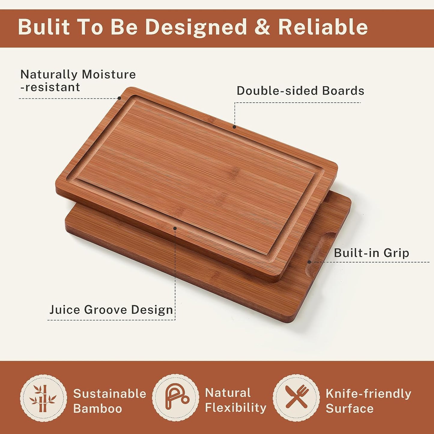 Bamboo Cutting Board Set of 3, Wood Cutting Boards for Kitchen with Juice Grooves, Durable Chopping Board for Meat, Vegetables & Meal Prep