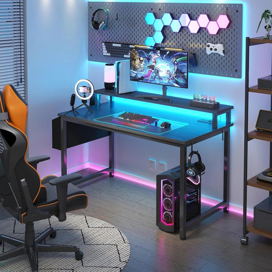Black Gaming Desk with LED Lights and Power Outlets, 40 Inch Teen Writing Study Table Home Office Desks with Monitor Stand, Computer Desk with Charging Station USB Port, Black
