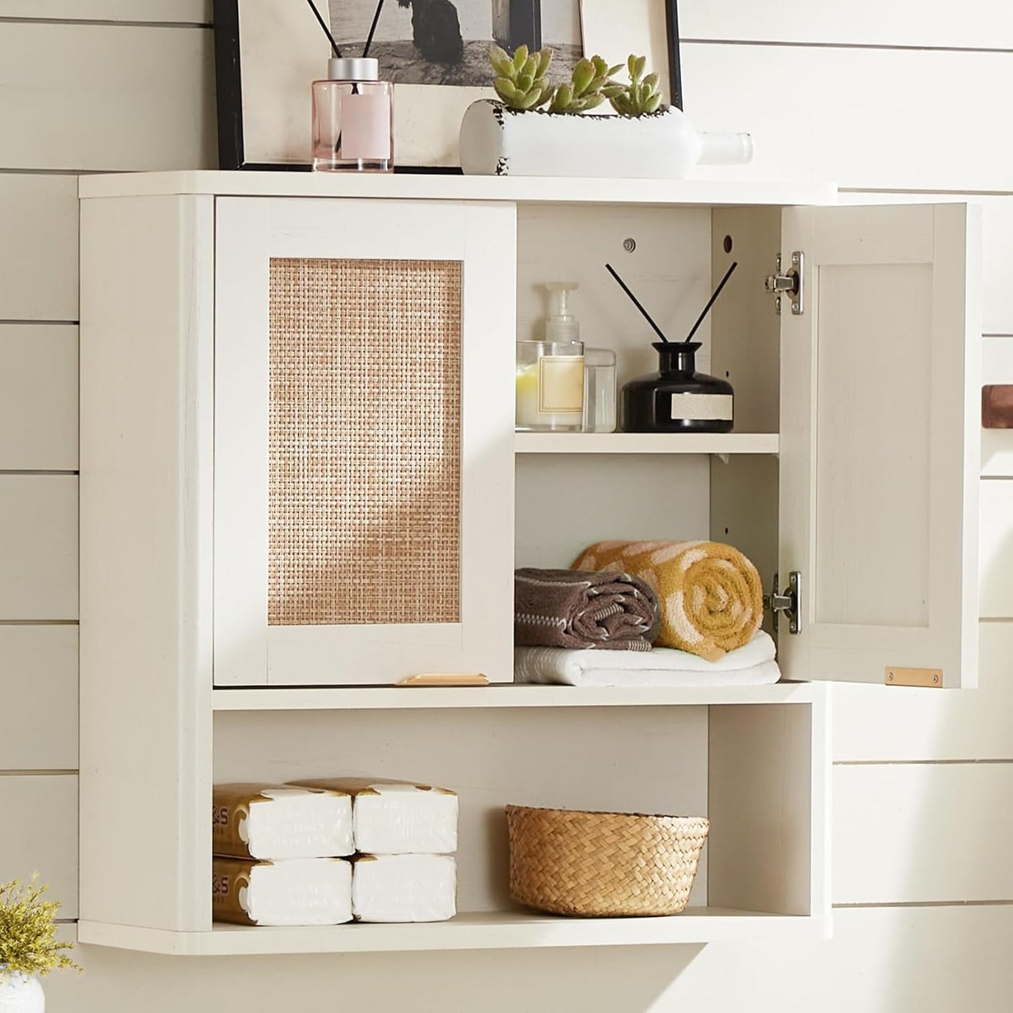 Rattan Bathroom Wall Cabinet, Boho Medicine Cabinet with Adjustable Shelve & Doors, over the Toilet Storage Cabinets Organizer for Laundry Room, Kitchen, Living Room, White