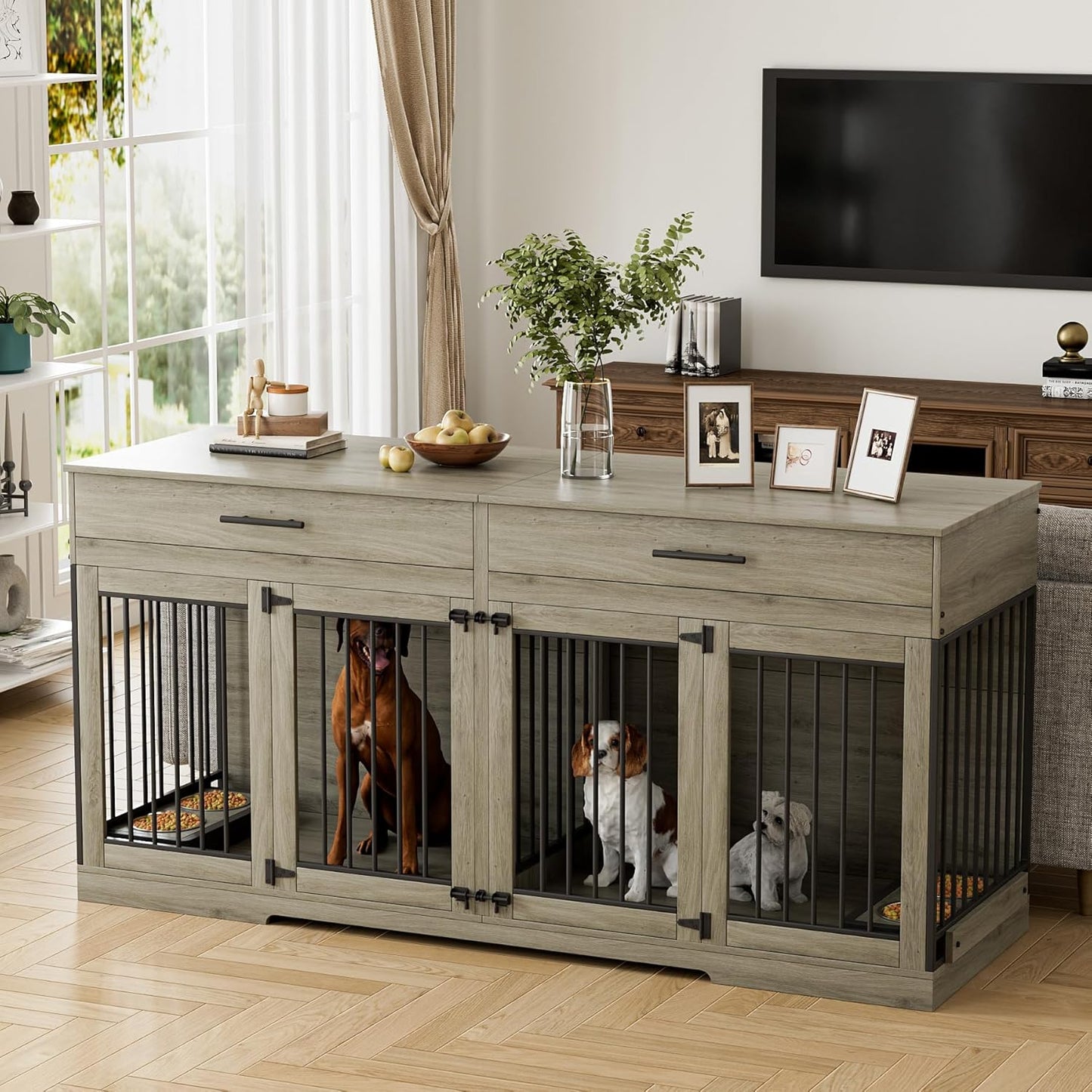72" Dog Crate Furniture for 2 Dogs, Large Double Dog Kennel Indoor Furniture with 2 Storage Drawers and Removable Divider, Wooden Dog Cage with 4 Bowls, Dog House TV Stand for Medium Dog, Grey