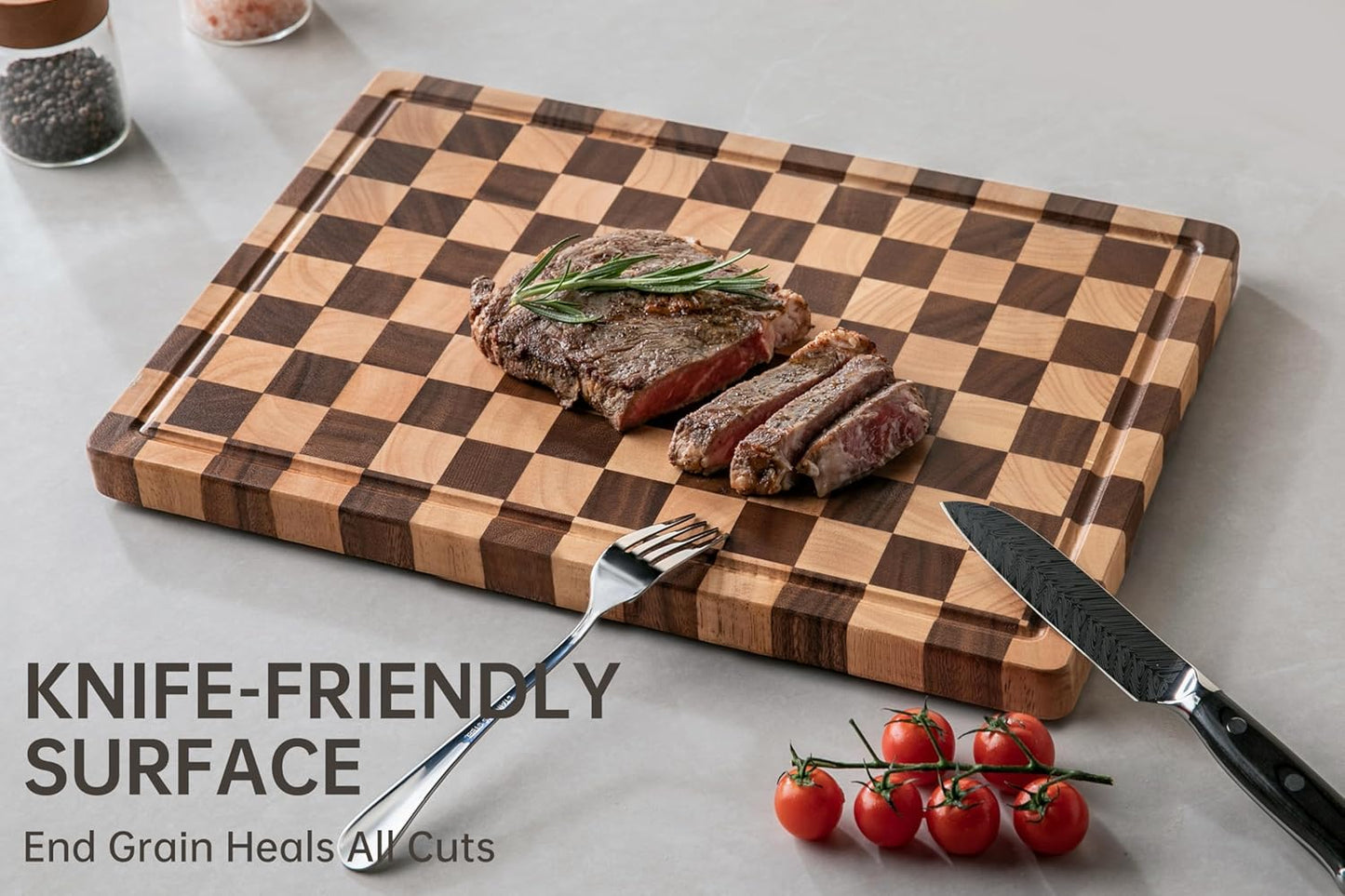 Cutting Boards for Kitchen, Checkered Cutting Board Upgraded, Acacia Wood Chopping Board with Juice Grooves & Handles, Large Butcher Block Serving Tray with Gift Box, 16.5" X 11.6" X 0.8"