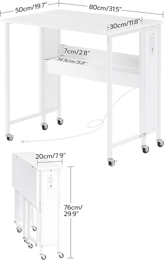 31.5" Modern White Folding Computer Desk with Power Outlets, Wheels, Storage, Perfect for Small Spaces White TDN01UWB