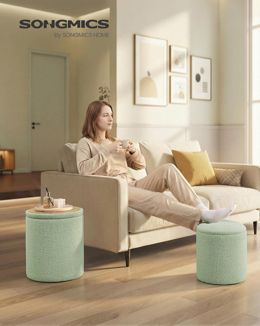Vanity Stool, Set of 2, round Storage Ottoman, Small Ottoman Coffee Table, Foot Stool, Removable Lid, for Living Room, Bedroom, Hallway, Easy Assembly, Teddy Fleece, Laurel Green ULOM013CZ01