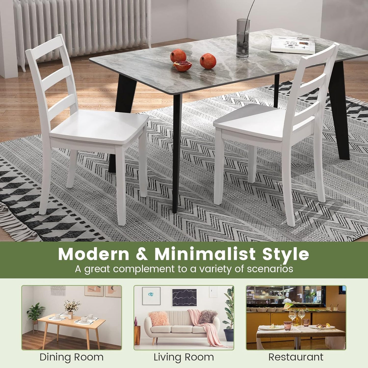 Wood Dining Chairs Set of 2 White - Wooden Armless Kitchen Chairs with Solid Rubber Wood Legs, Non-Slip Foot Pads, Max Load 400 Lbs, Farmhouse Style High Ladder Back Dining Room Chairs