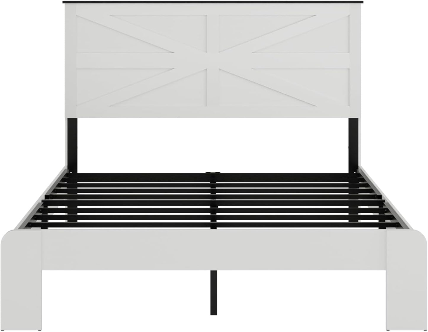 Farmhouse Queen Size Wooden Bed Frame with Headboard, Boho Platform Bedframe, Sturdy Metal Slats Support, No Box Spring Needed, Noise Free, Easy Assembly, White