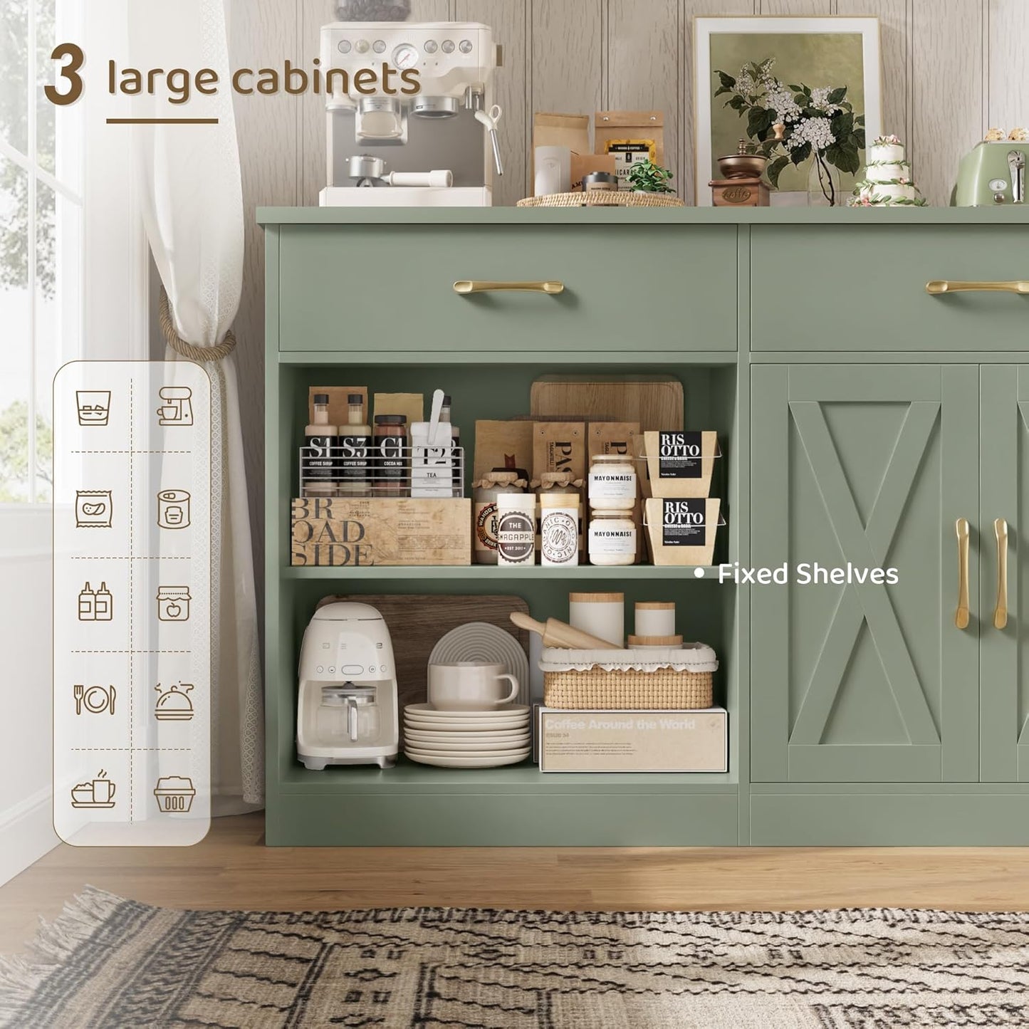71" Large Sideboard Buffet Cabinet with Storage, Farmhouse Coffee Bar Cabinet with 3 Drawers, Long Kitchen Buffet Table, Kitchen Sideboard Storage Cabinet for Dining Room, Living Room, Green