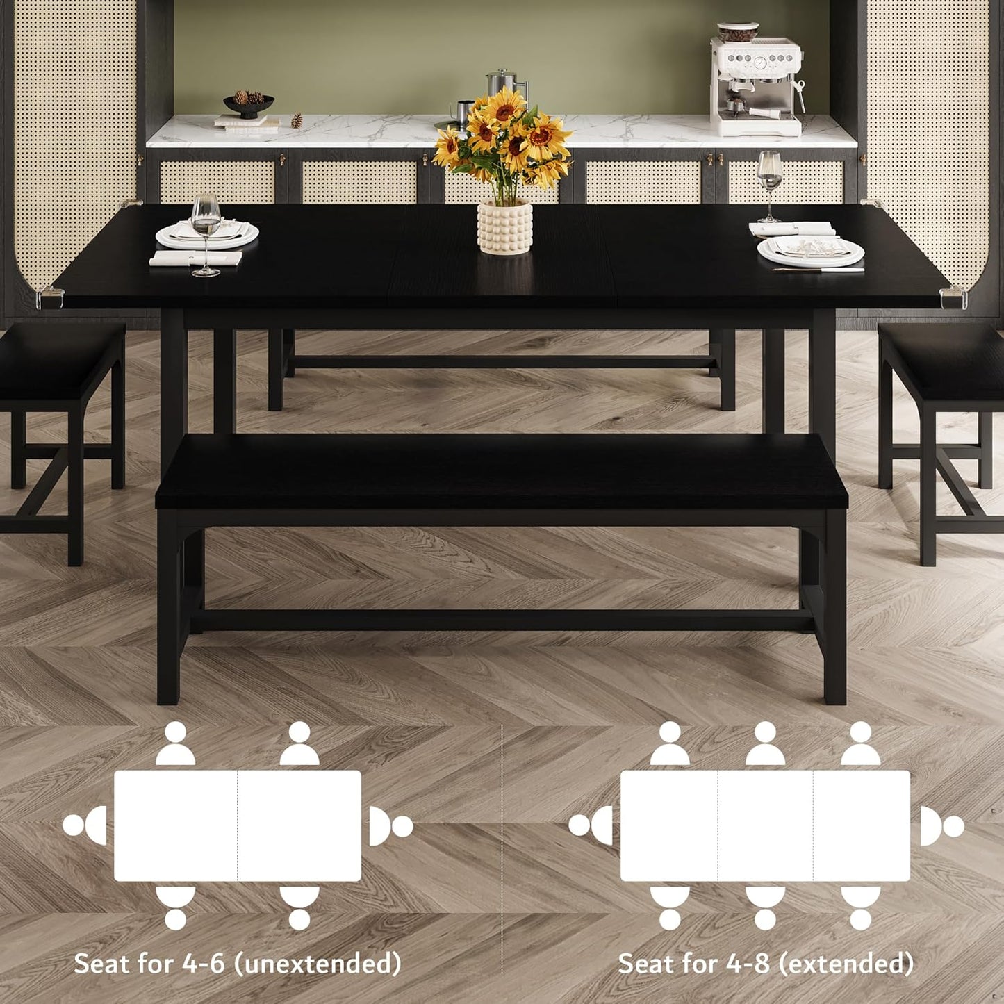 5-Piece Dining Table Set for 4-8 People, Extendable Kitchen Table Set with 2 Benches and 2 Square Stools, Mid-Century Dining Room Table with Metal Frame & MDF Board, Saving Space, Black