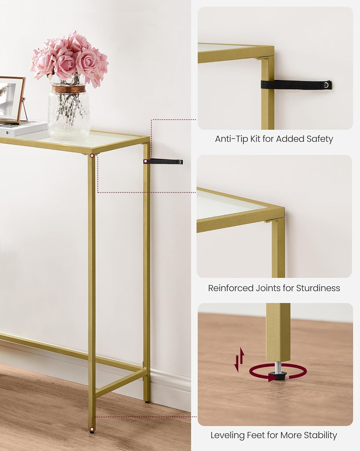 Entryway Table, Console Table, Tempered Glass Tabletop, Modern Sofa Table, Easy Assembly, with Adjustable Feet, for Living Room, Entryway, Pale Gold and Transparent ULGT132A01