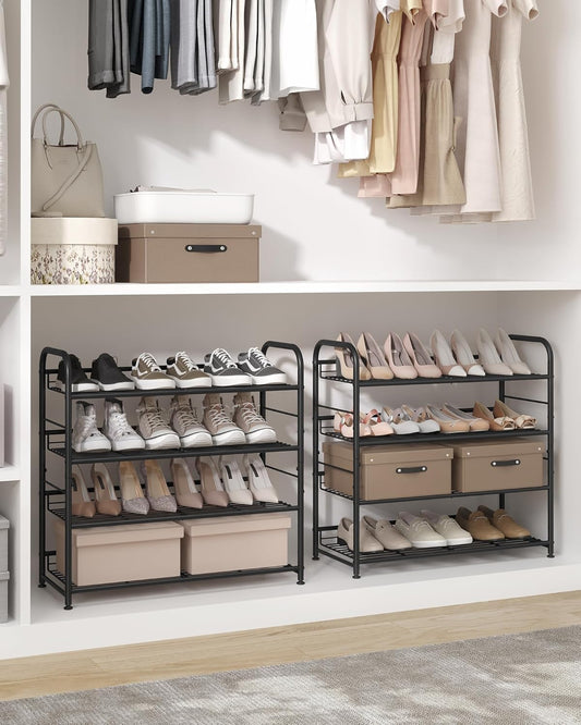 Stackable Shoe Rack, 4 Tier Metal Shoes Rack Storage Shelf, Holds up to 20 Pairs Shoes, Adjustable Slanted Shelves Shoe Tower Organizer for Closet Entryway Small Spaces, Black