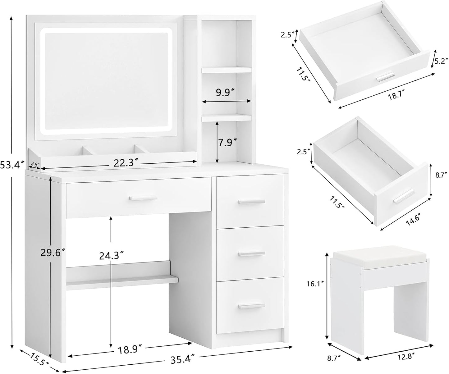 Vanity Desk with Mirror and Lights, 4 Drawers & Benches Vanity Desk Set, 3 Color Lighting Modes Adjustable Brightness Vanity for Bedroom Makeup Table